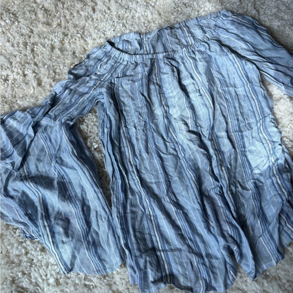 Fever Tops - Fever Light Blue and White Striped Off-Shoulder Top bell sleeve spring blouse